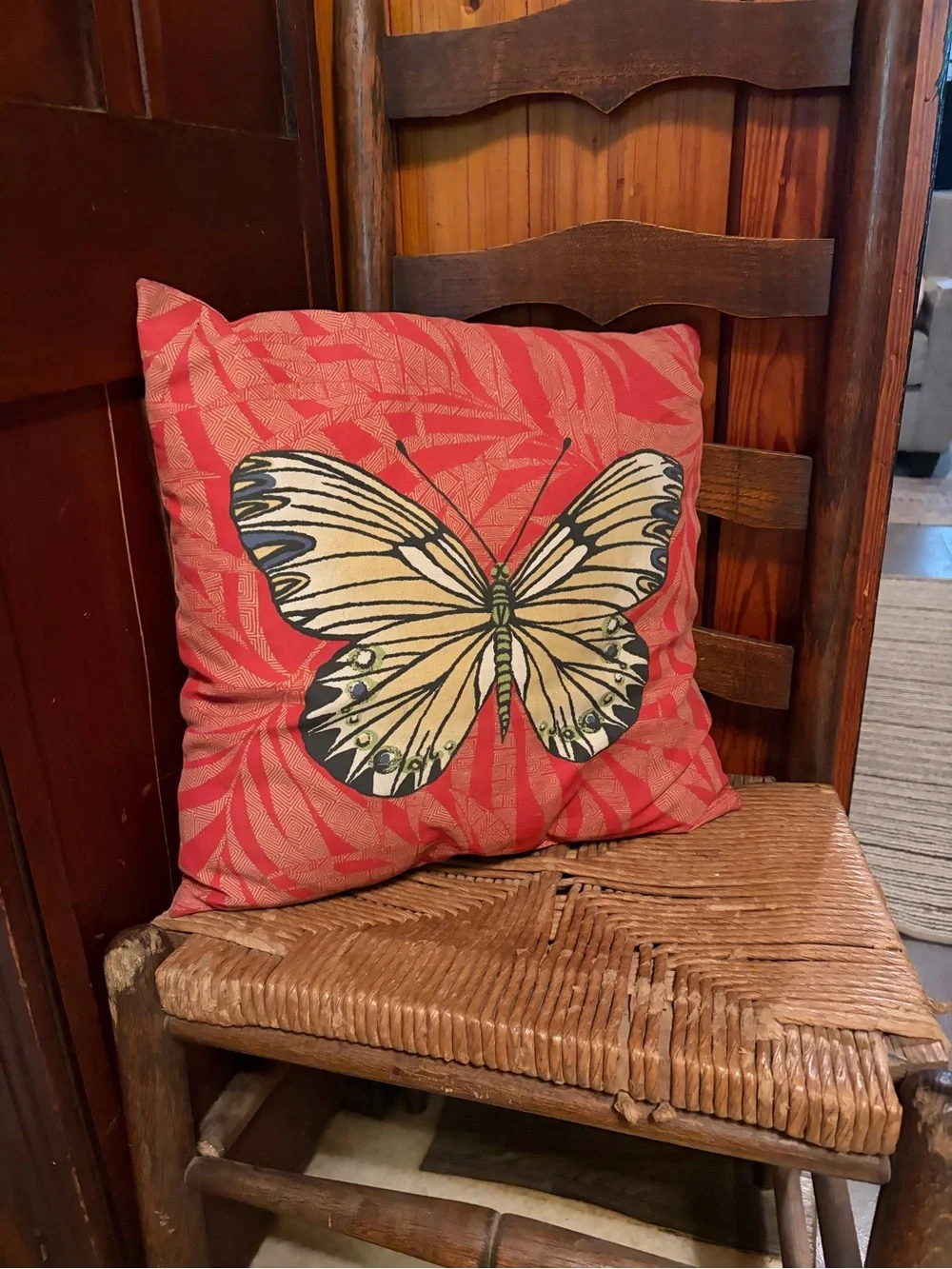 Decorative Butterfly Accent Pillow in Red and Cream